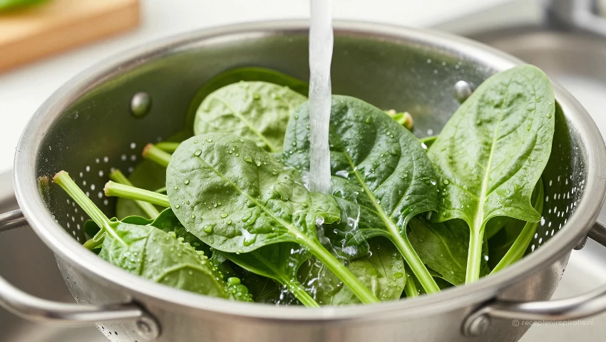 Verse spinazie wordt gewassen in een colander.