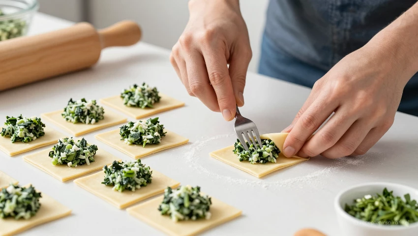 Bladerdeeg enveloppen worden gevuld met spinazie en geitenkaas.