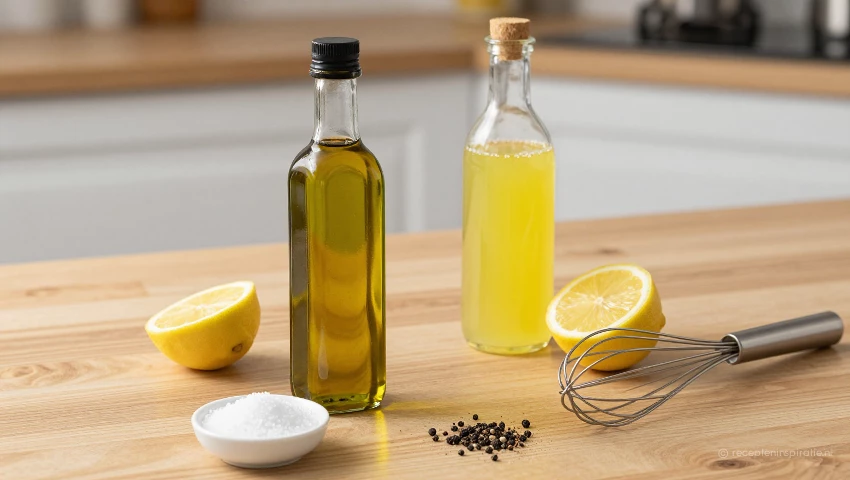 Ingrediënten voor dressing op een houten aanrecht.