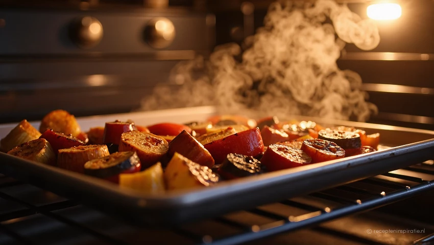 Bakplaat met geroosterde groenten komt uit de oven.