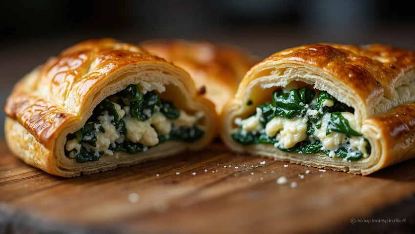 Detailopname van een opengesneden bladerdeeg enveloppe.