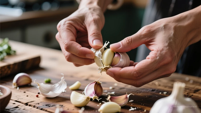 Handen schillen knoflooktenen op een houten aanrecht.