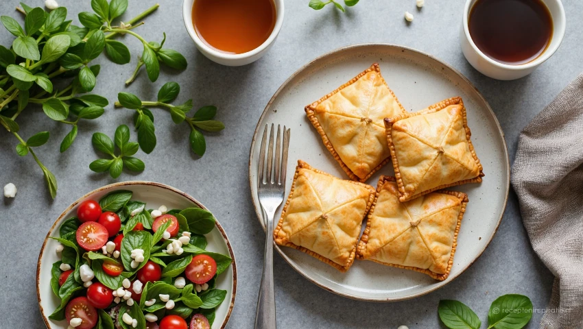 Een platte lay-out met bladerdeeg enveloppen en ingrediënten.