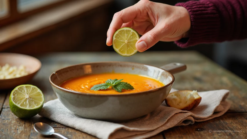 Persoon voegt limoensap toe aan zoete aardappelsoep.
