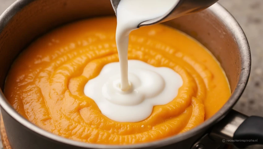 Kokosmelk wordt in zoete aardappelsoep gegoten.