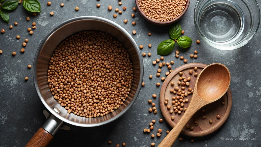Ingrediënten voor linzen: linzen, pan, water en lepel.