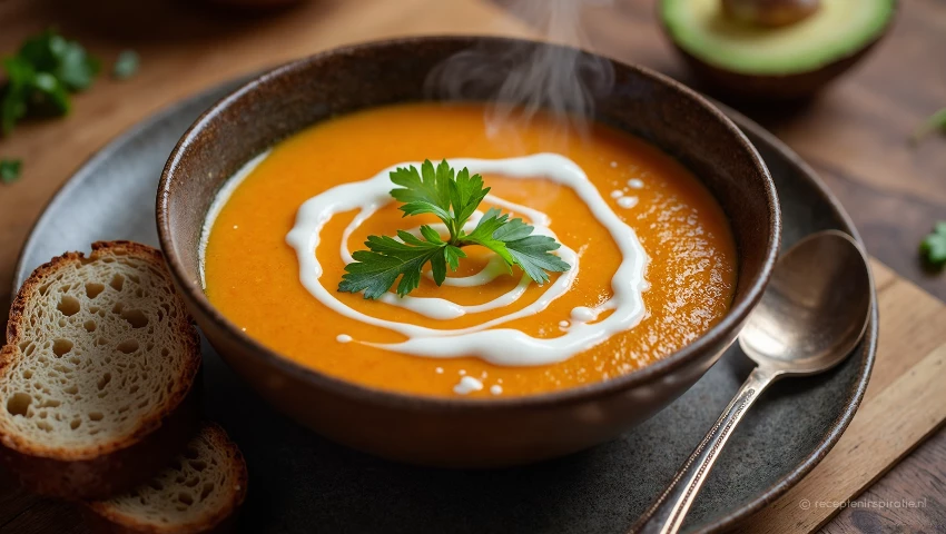 Kom zoete aardappelsoep met garnering en brood.