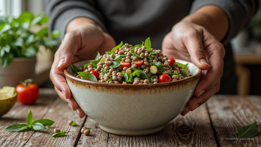 Iemand geniet van een kom linzensalade.