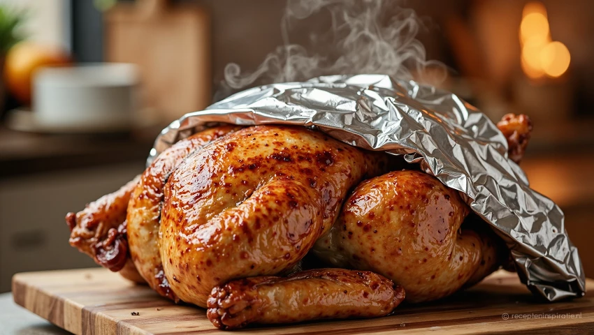 Kalkoen die rust onder aluminiumfolie.