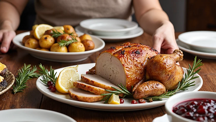 Feestelijke kalkoenmaaltijd op een gedekte tafel.