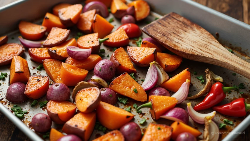 Geroosterde groenten op een bakplaat met een houten spatel.