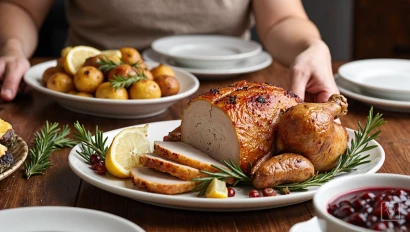Feestelijke kalkoenmaaltijd op een gedekte tafel.