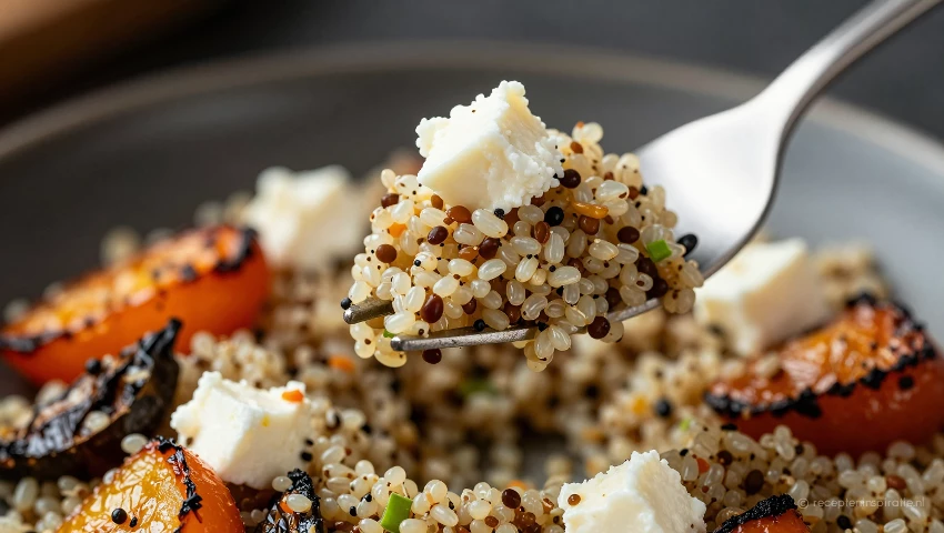 Vork met quinoa salade en feta, focus op texture.