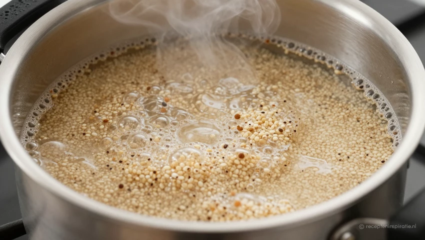 Quinoa in een pan met water op het fornuis.