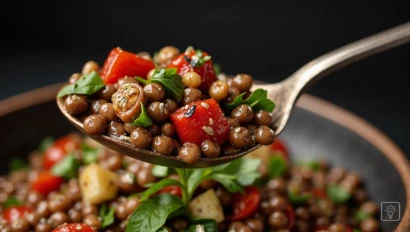 Een gedetailleerde foto van een lepel linzensalade.
