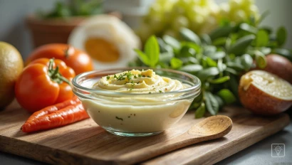 Aioli rust in de koelkast te midden van verse ingrediënten.