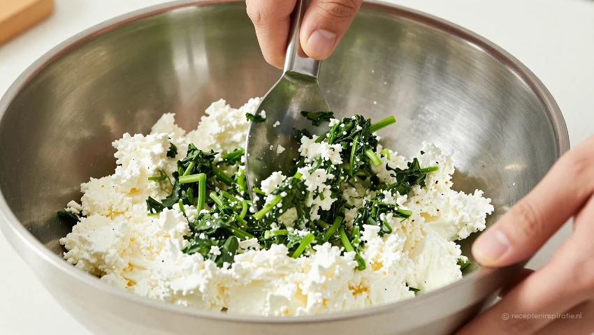 Spinazie en geitenkaas worden gemengd in een kom.