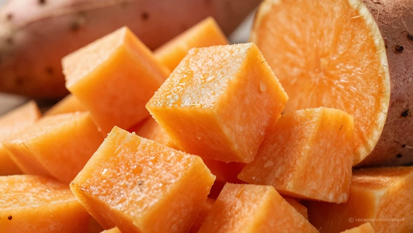 Zoete aardappel in blokjes gesneden, focus op de kleur.