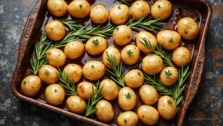 Bovenperspectief van aardappelen met rozemarijn op een bakplaat.