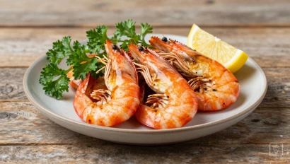 Gegrilde gamba's met peterselie en citroen op een houten plank.