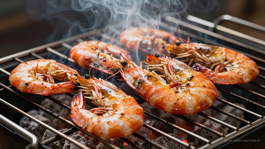 Gegrilde gamba's op de grill met rook, focus op textuur en kleur.