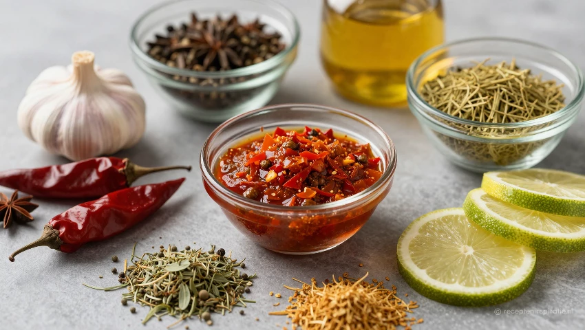 Diverse ingrediënten en kruiden voor marinades op een aanrecht.