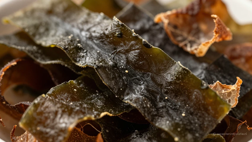 Gedroogde kombu en katsuobushi flakes, close-up en fotorealistisch.