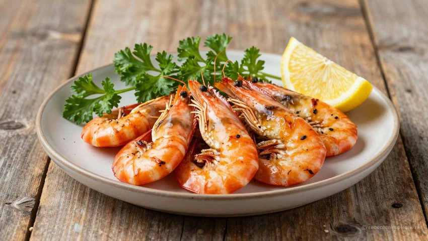 Gegrilde gamba's met peterselie en citroen op een houten plank.