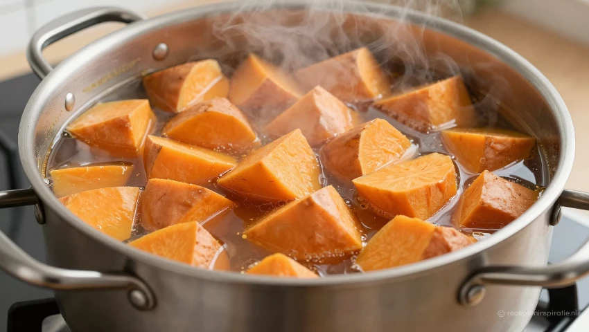 Zoete aardappelen koken in bouillon in een pan.