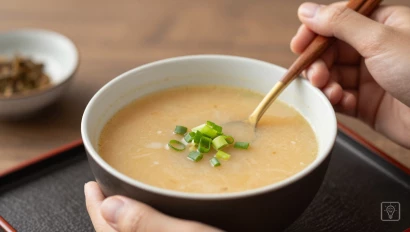 Iemand geniet van miso soep, lifestyle foto.