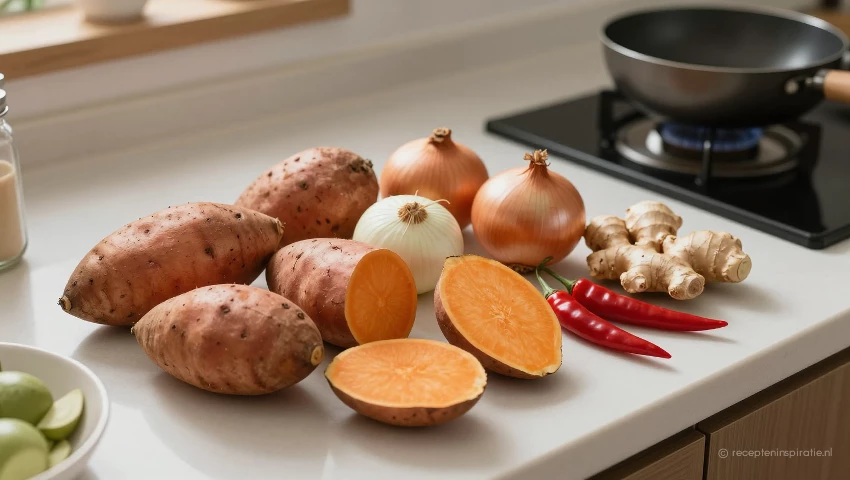 Luchtaanzicht van ingrediënten voor zoete aardappelsoep.