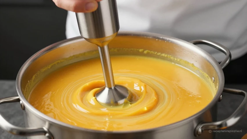 Chef pureert soep met een staafmixer.