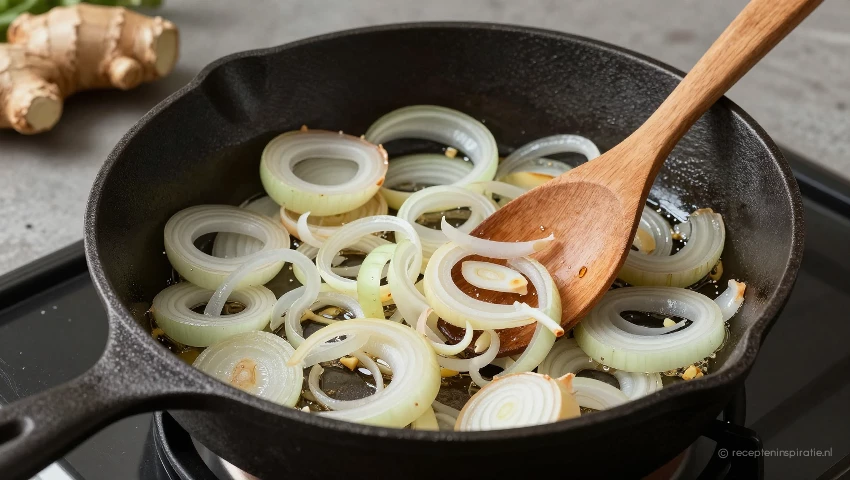 Illustratie van een pan met uien en gember, keukengereedschap.