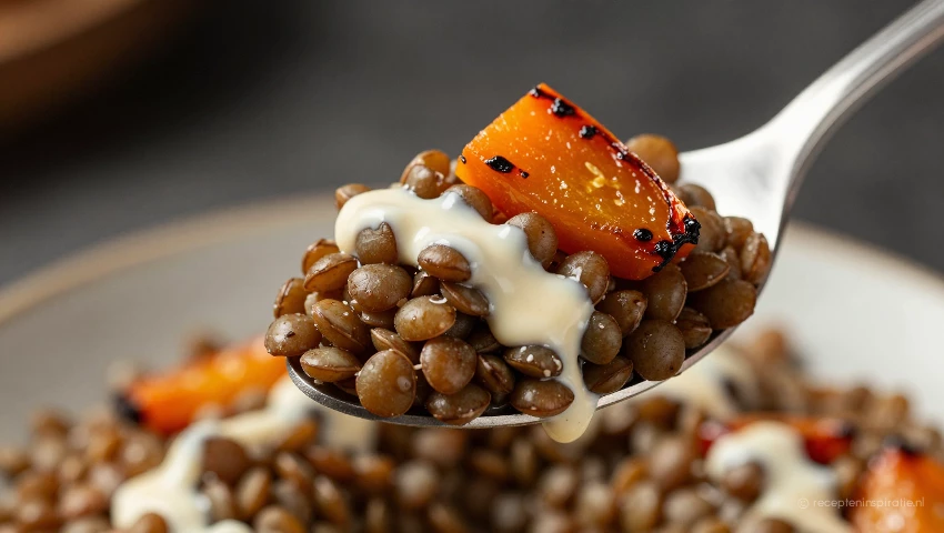 Een gedetailleerde foto van een lepel linzensalade.
