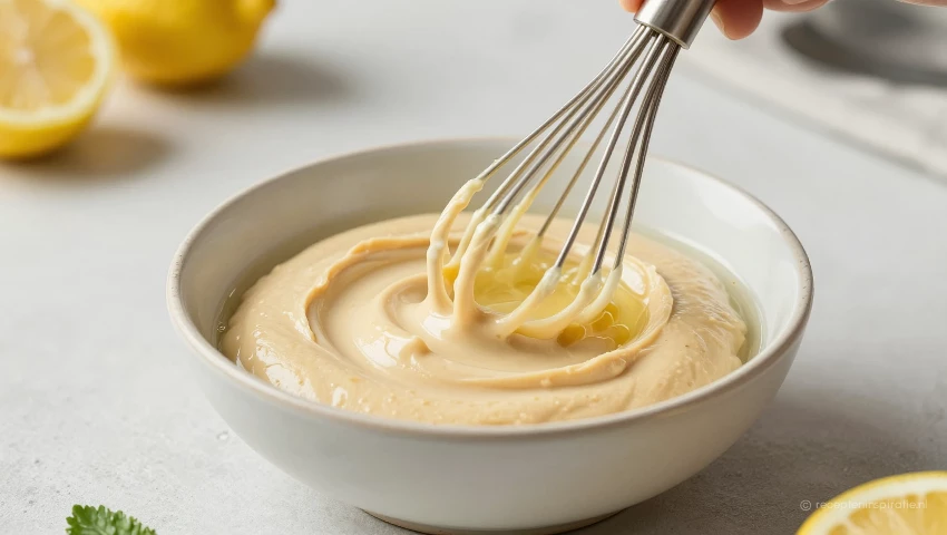 Tahini dressing wordt gemaakt, realistische weergave.