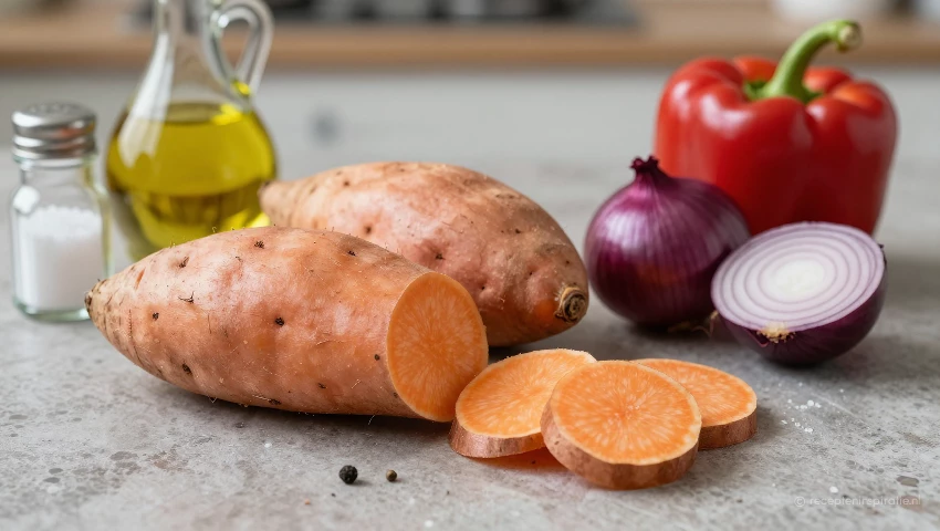Ingrediënten: zoete aardappel, ui, paprika, olie en kruiden.