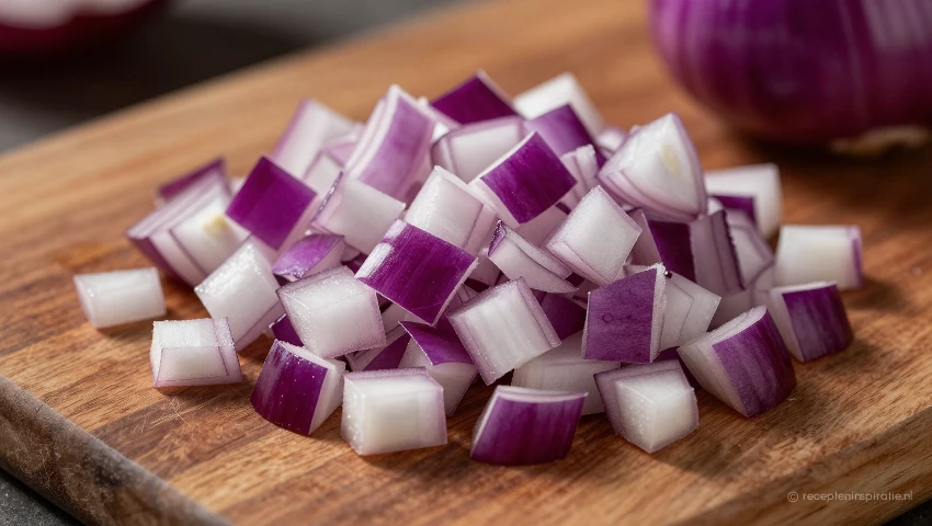 Dichtbij van fijngesneden rode ui.