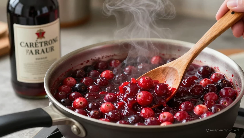 Cranberry-portsaus aan het koken in een pan.