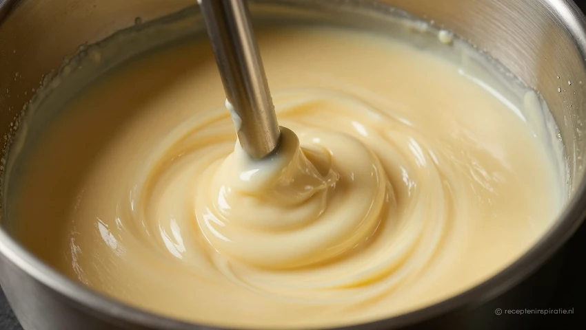 Aioli wordt gladgemengd met een staafmixer.