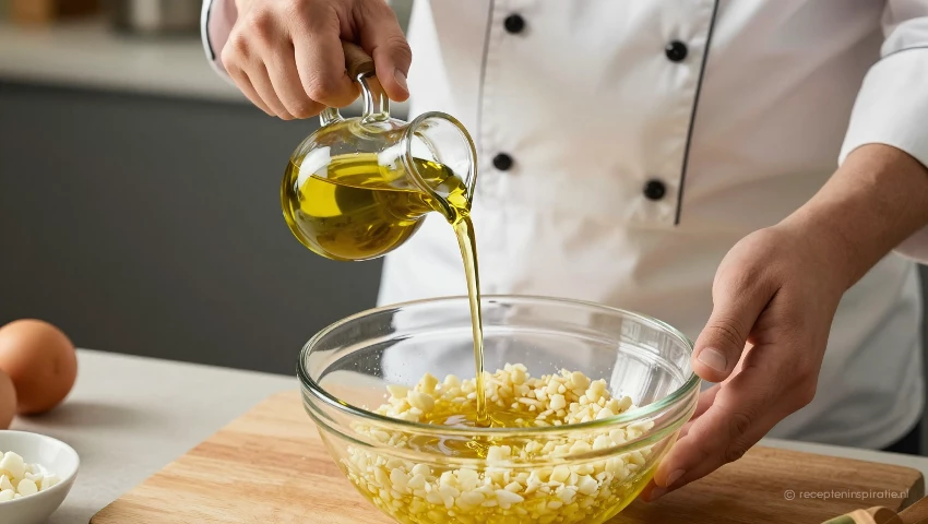 Olijfolie wordt geleidelijk toegevoegd aan gehakte knoflook.