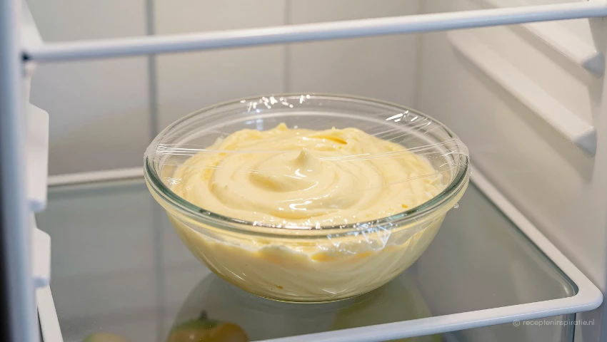 Aioli rust in de koelkast, afgedekt met plasticfolie.
