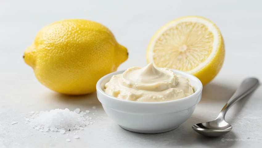 Citroen, zout, kom met aioli en lepel.