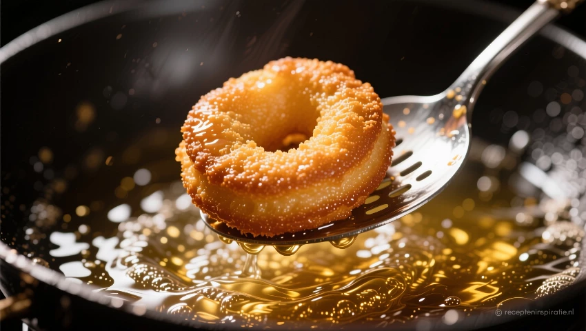 Beignet wordt omgedraaid in hete olie, close-up.