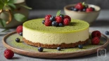 Afbeelding van de afgewerkte cheesecake met matcha en fruit.