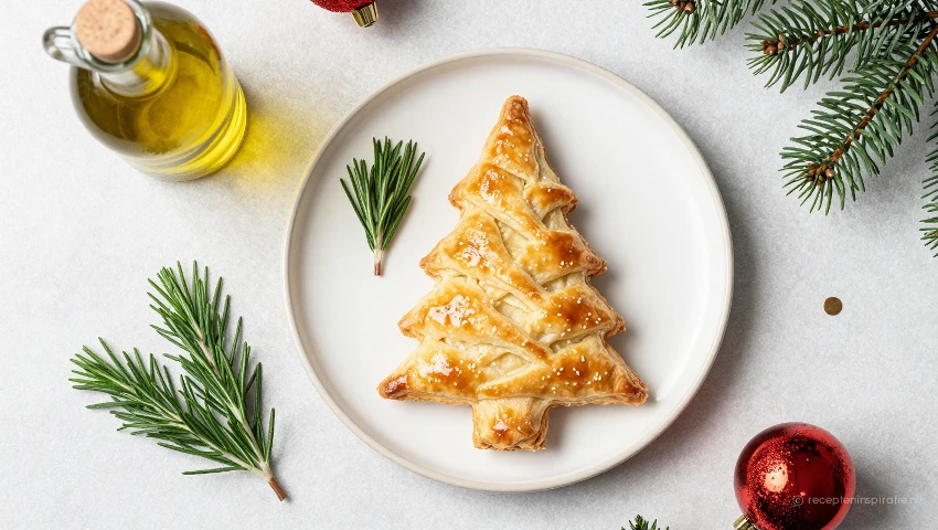 Kerstboom op een bord, met verse kruiden en olijfolie.