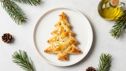 Kerstboom op een bord, met verse kruiden en olijfolie.