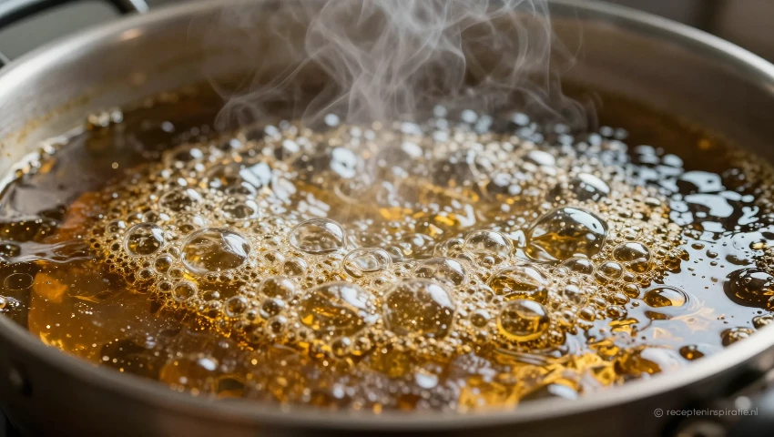 Bubbelende olie in een pan, close-up.