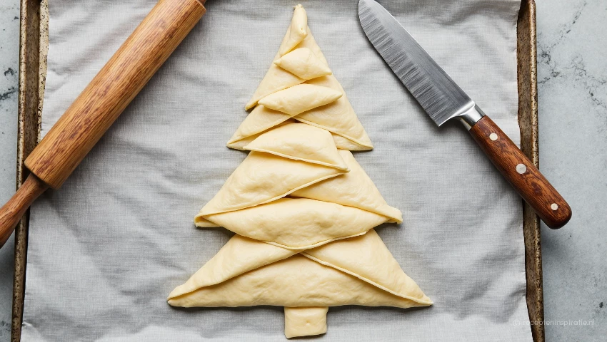 Keukengerei en bladerdeeg in de vorm van een kerstboom.