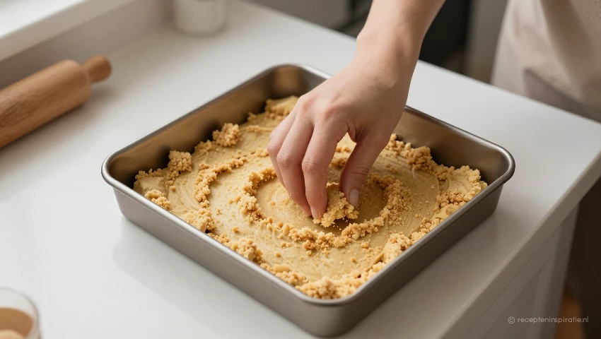 Van bovenaf een persoon die koekkruimels in een bakvorm drukt.