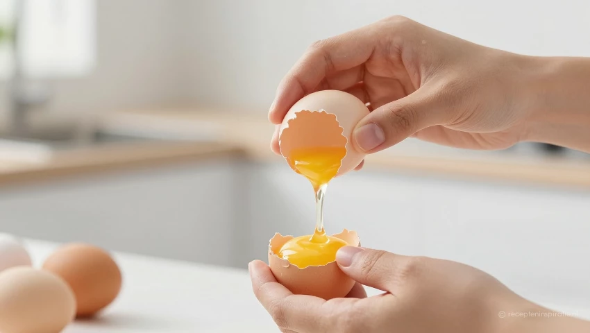 Eieren worden gesplit in een schone keuken.